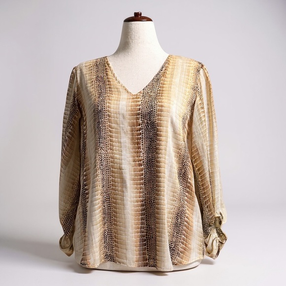NWT Adrienne Rich Brown and Tan Crocodile Textured Blouse - Size S - Picture 8 of 13